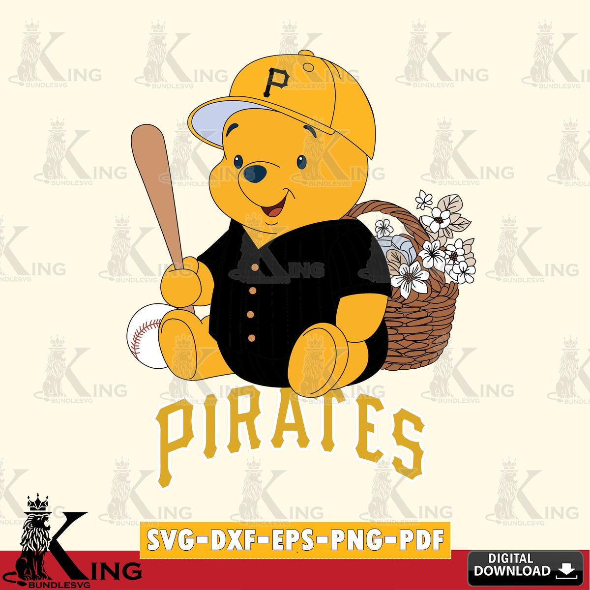 Modern graphic depicting Pittsburgh Pirates Winnie the Pooh Flower Baseball vector illustration for POD merchandise and apparel