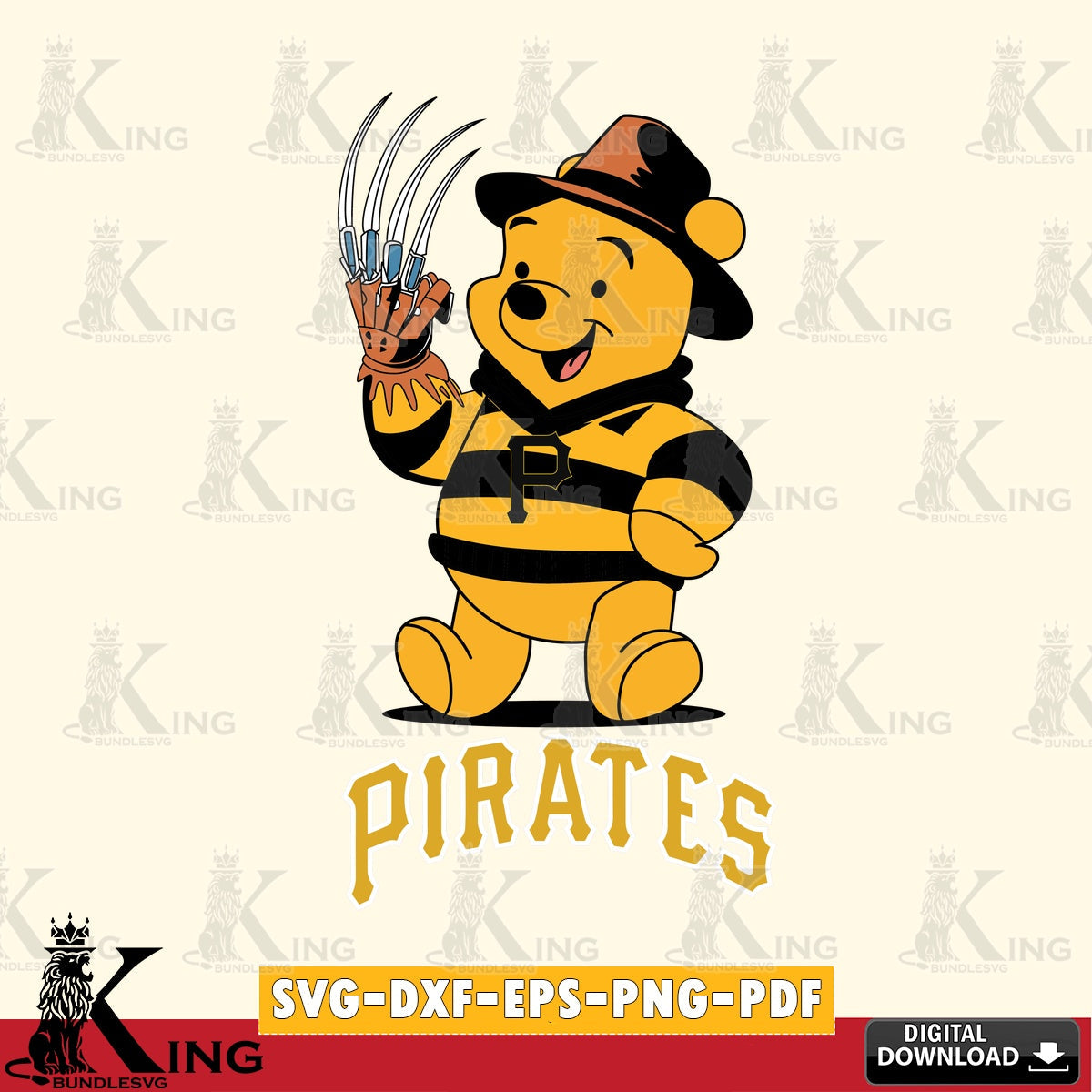 Beautiful illustration of Pittsburgh Pirates Winnie the Pooh Freddy Krueger baseball SVG cut file for personalized gifts and