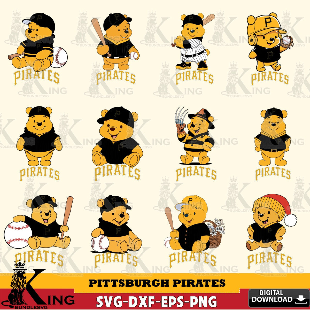 Giant set featuring Pittsburgh Pirates Winnie the Pooh baseball bundle, versatile clip art for stickers, decals, and mugs.