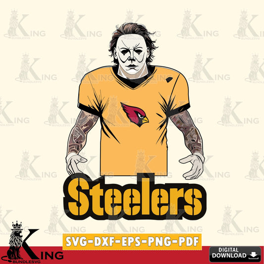 Modern graphic depicting a Pittsburgh Steelers Michael Myers tattoo football, vector illustration for POD merchandise and apparel