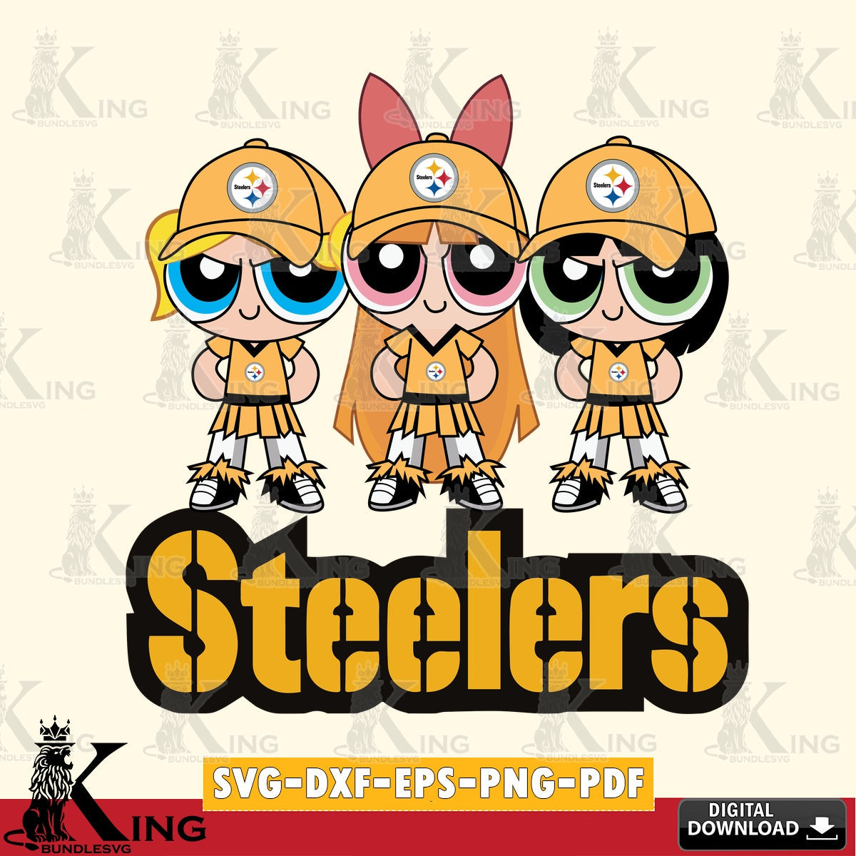 Hand-drawn style art of Pittsburgh Steelers PowerPuff Girls football, NFL, SVG cut file for personalized gifts and laser projects