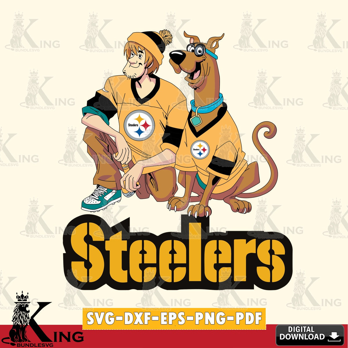 Modern graphic depicting Pittsburgh Steelers Shaggy and Scooby Doo football, digital clipart compatible with laser engraving and