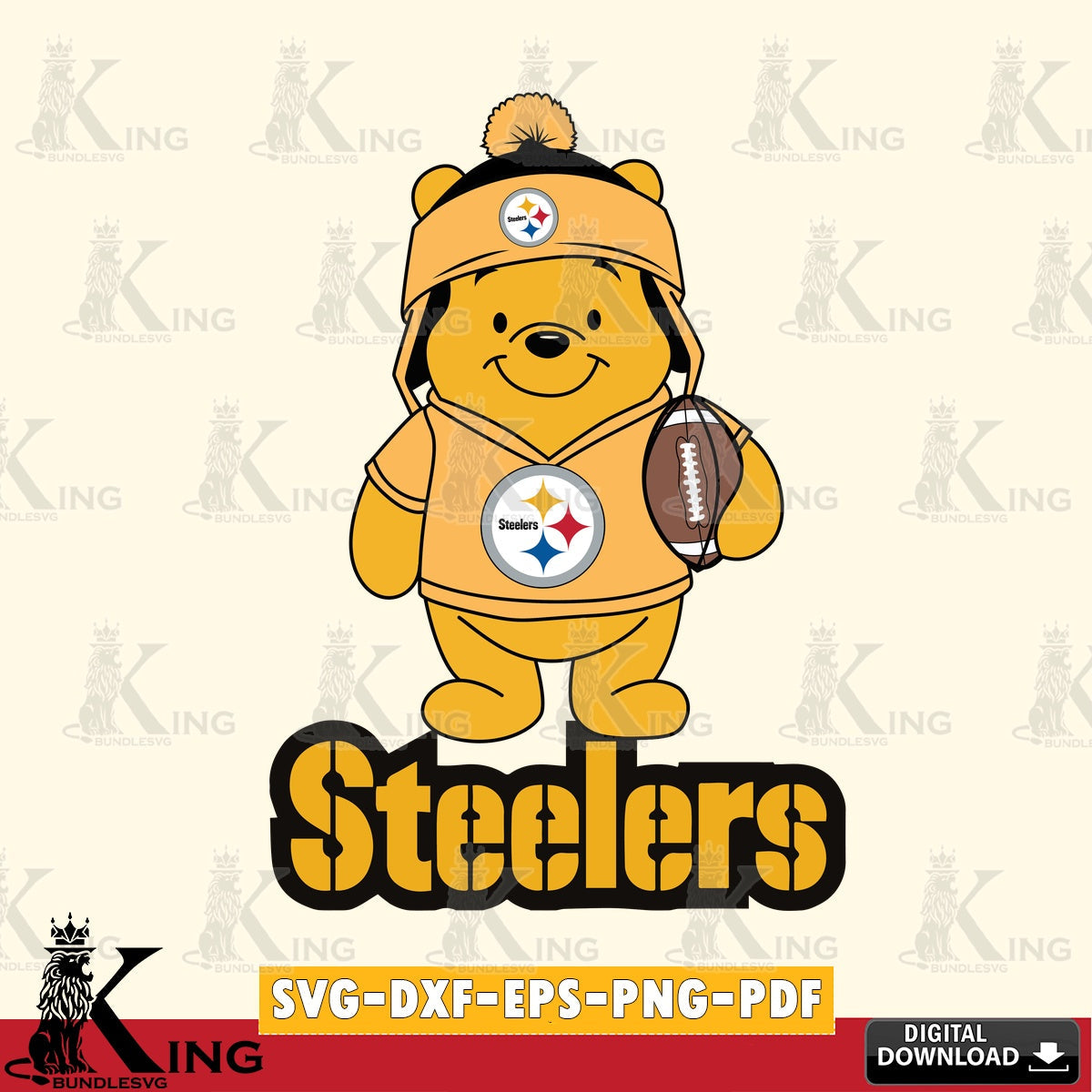 Vector design showing Pittsburgh Steelers Winnie the Pooh player football, SVG PNG files perfect for Cricut and Silhouette cutting