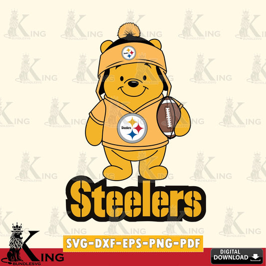 Vector design showing Pittsburgh Steelers Winnie the Pooh player football, SVG PNG files perfect for Cricut and Silhouette cutting