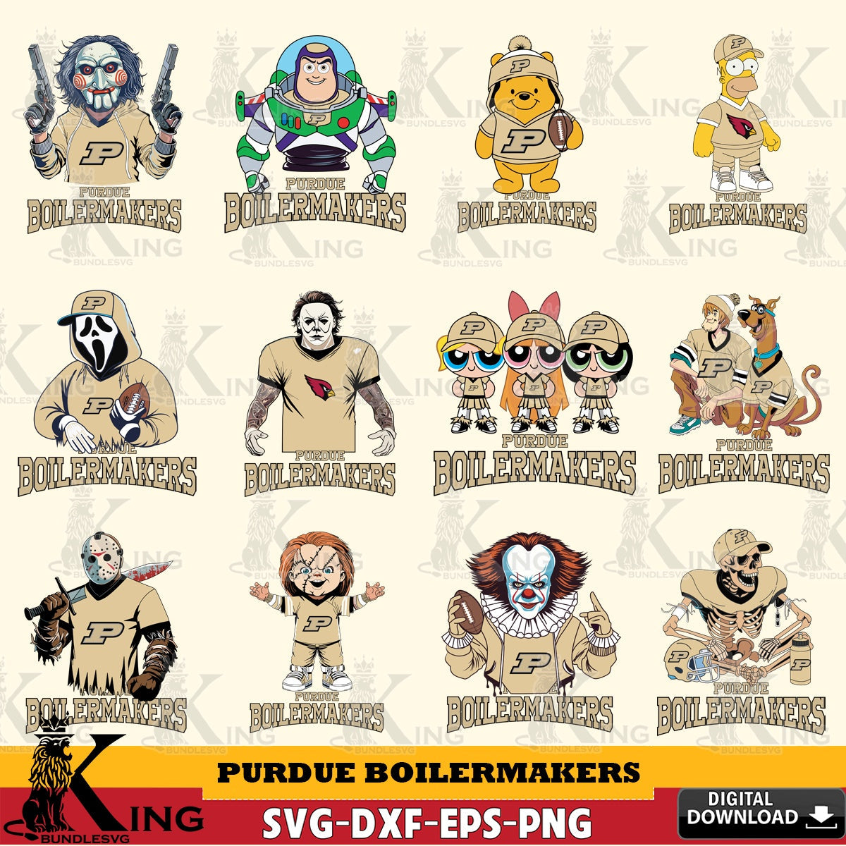Comprehensive collection of Purdue Boilermakers cartoon football NCAA bundle SVG cut file for personalized gifts and laser