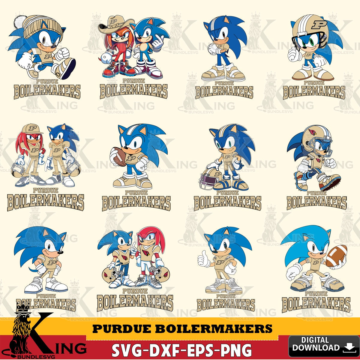 Giant set featuring Purdue Boilermakers Sonic & Knuckles NCAA Football Bundle SVG cut file for personalized gifts and laser