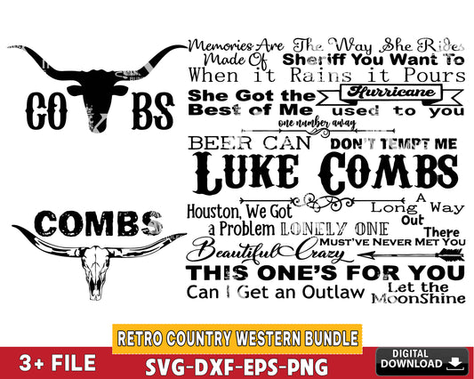Retro Country Western Bundle SVG, Combs PNG, Luke Combs Digital File, Combs Bullskull Retro Png, Combs Vintage SVG DXF EPS PNG, Cricut, for Cricut, Silhouette, Digital Download , file cut
