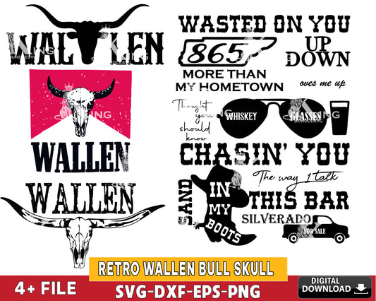 Retro Wallen Bull Skull PNG, Country Western svg, Wallen Bull Skull SVG EPS PNG DXF , for Cricut, Silhouette, digital download, file cut