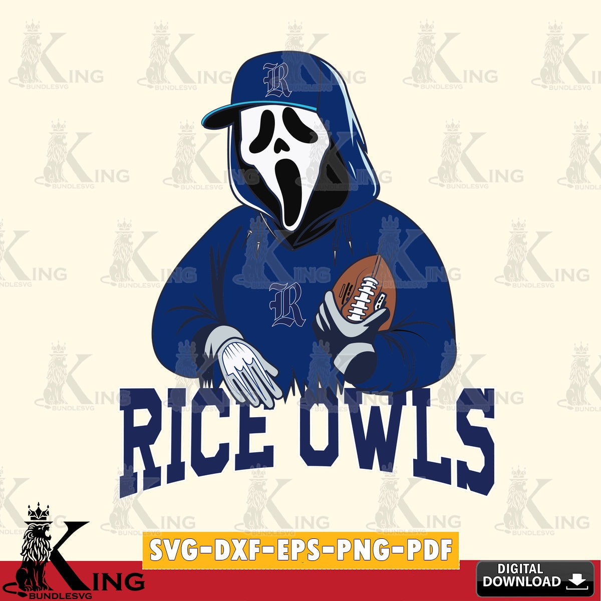 Artistic drawing of Rice Owls Ghostface Scream football player, a digital download for Cricut Maker and paper crafts.