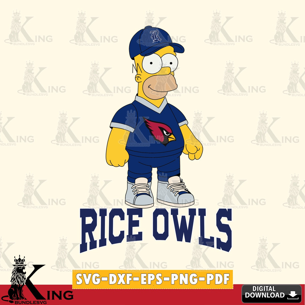 Artistic drawing of Rice Owls Homer Simpson football, NCAA, high-quality vector for DIY scrapbooking and home decor