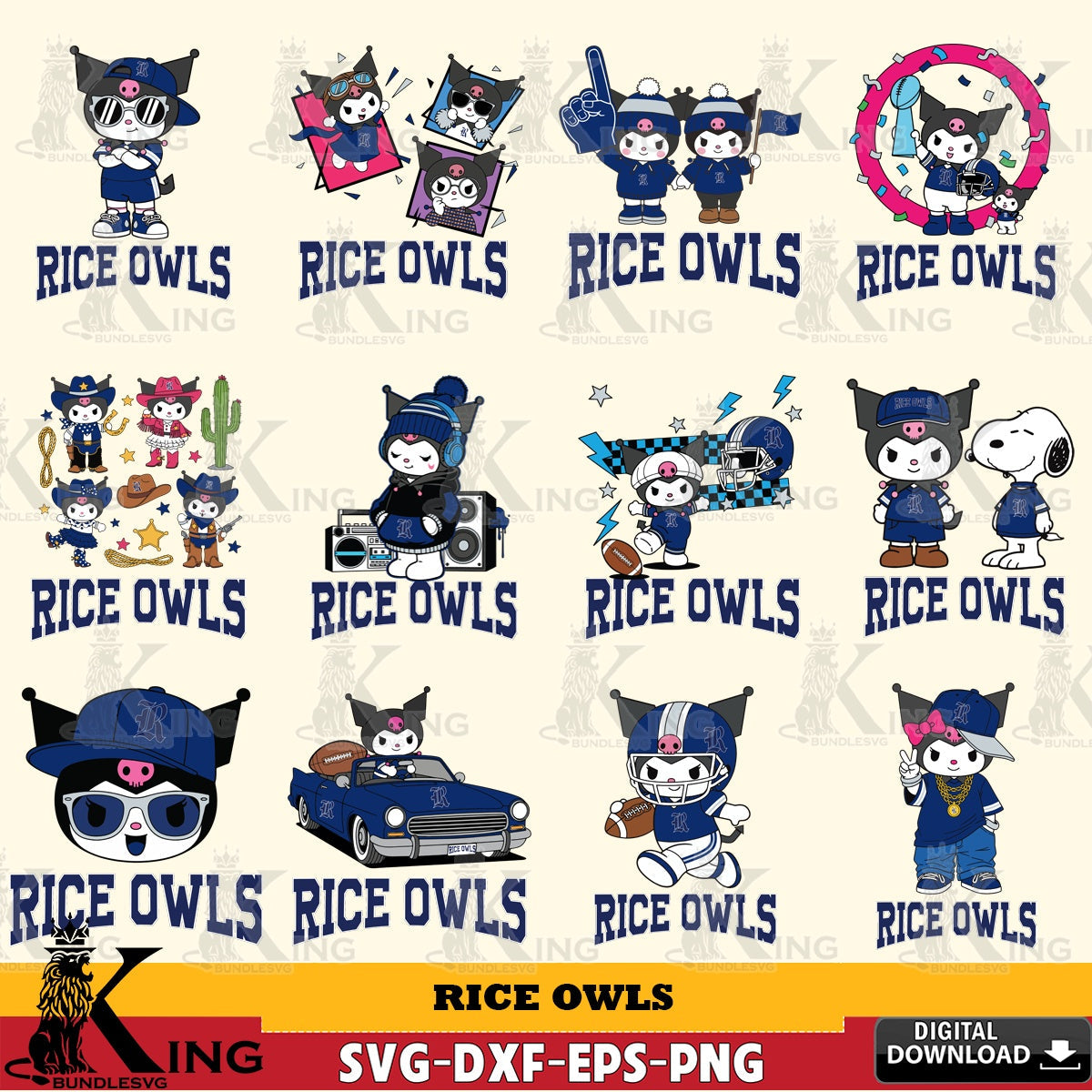 Rice Owls Kuromi Football Jersey NCAA Bundle SVG file, Cricut, Cut file  , Digital Download , Instant Download, Sanrio svg, Clipart