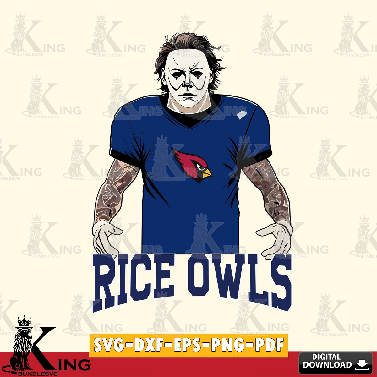 Beautiful illustration of Rice Owls Michael Myers tattoo football NCAA PNG clipart for sublimation printing and graphic design