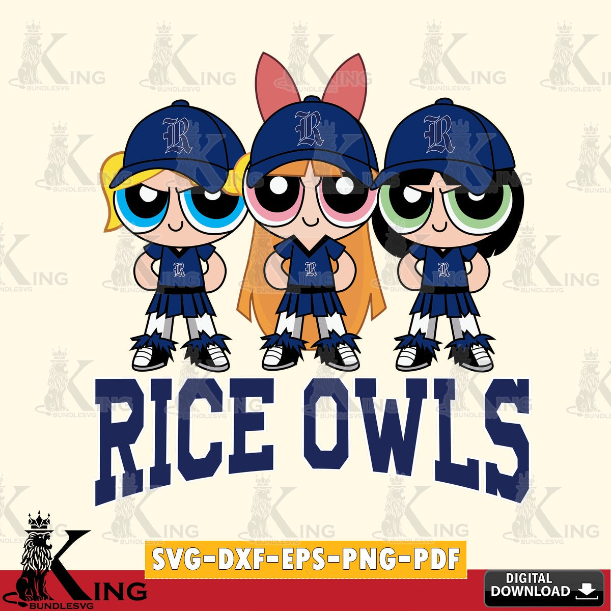 Modern graphic depicting Rice Owls PowerPuff Girls Football, SVG cut file for personalized gifts and laser projects