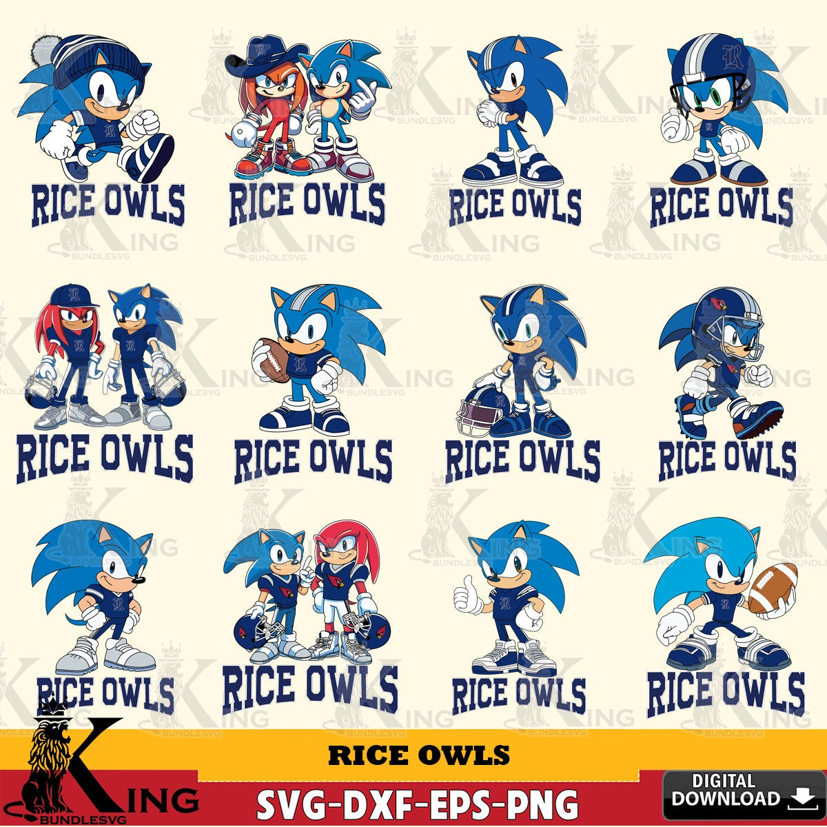 Giant set featuring Rice Owls Sonic & Knuckles NCAA Football bundle vector illustration for POD merchandise and apparel