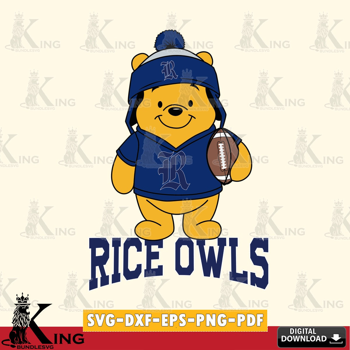 Eye-catching graphic of Rice Owls Winnie the Pooh player Football, NCAA, digital file for silhouette cameo and cricut projects.