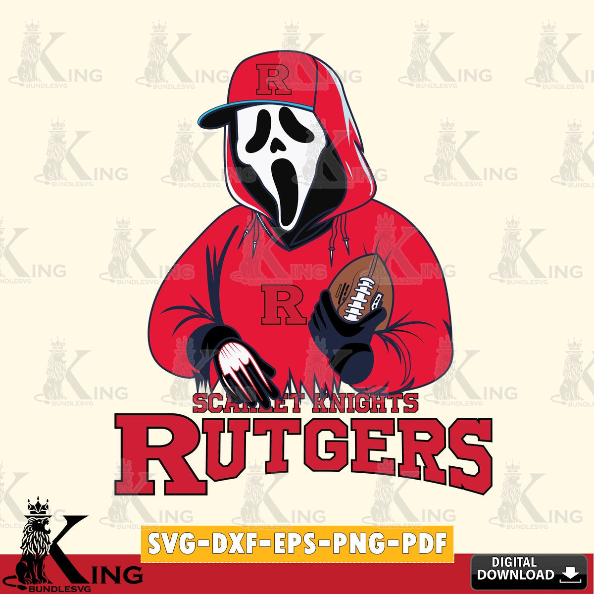 Modern graphic depicting Rutgers Scarlet Knights Ghostface Scream football player, PNG clipart for sublimation printing and
