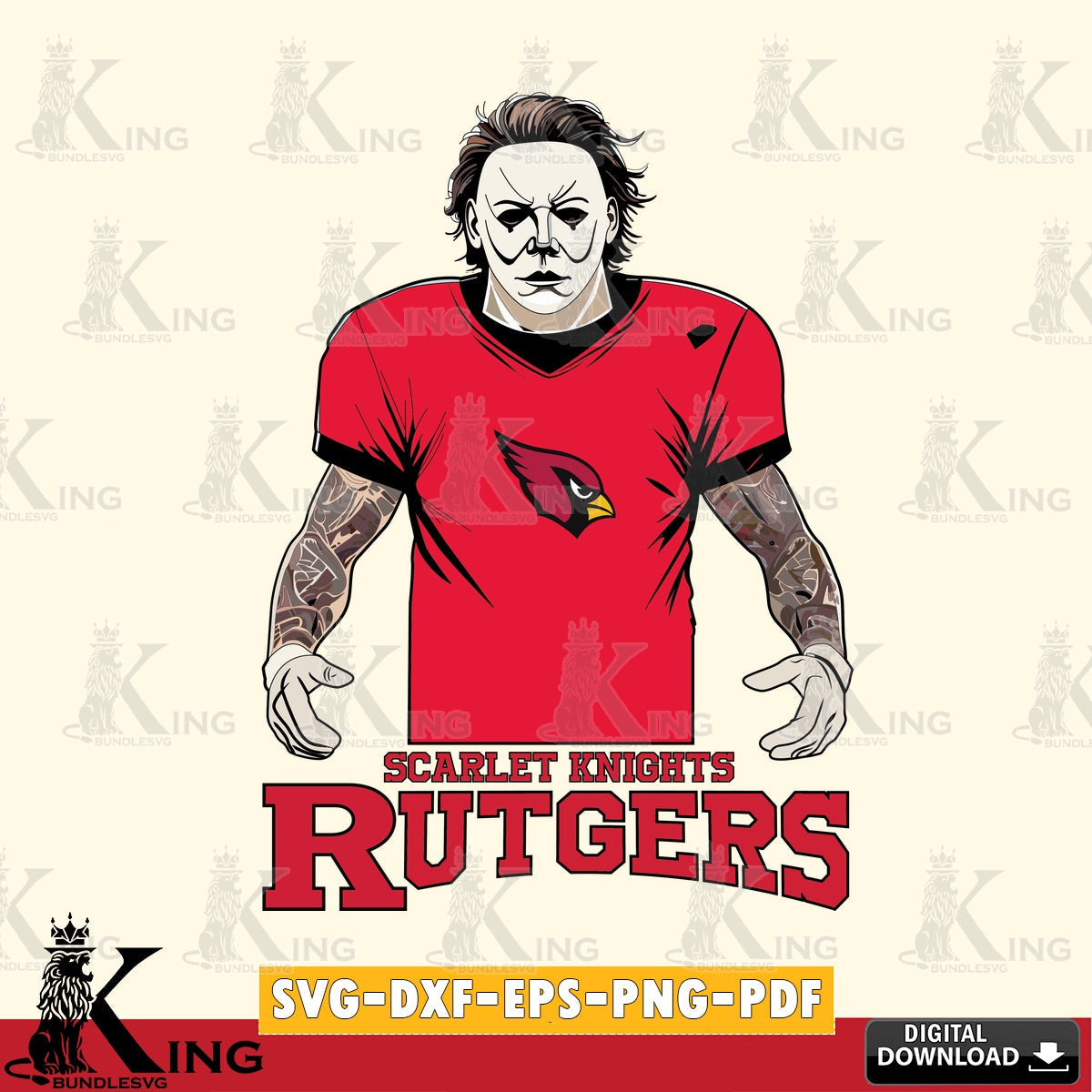 Detailed illustration of a Rutgers Scarlet Knights Michael Myers tattoo football, SVG cut file for personalized gifts and laser