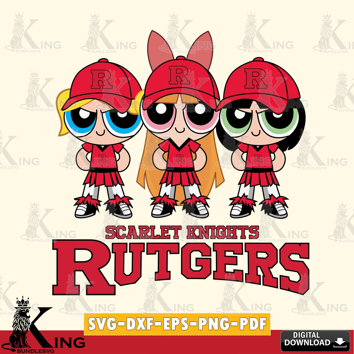 Unique artwork depicting Rutgers Scarlet Knights PowerPuff Girls football, SVG cut file for personalized gifts and laser projects