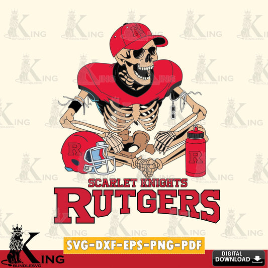 High-quality graphic of a Rutgers Scarlet Knights skeleton player playing football, PNG clipart for sublimation printing and