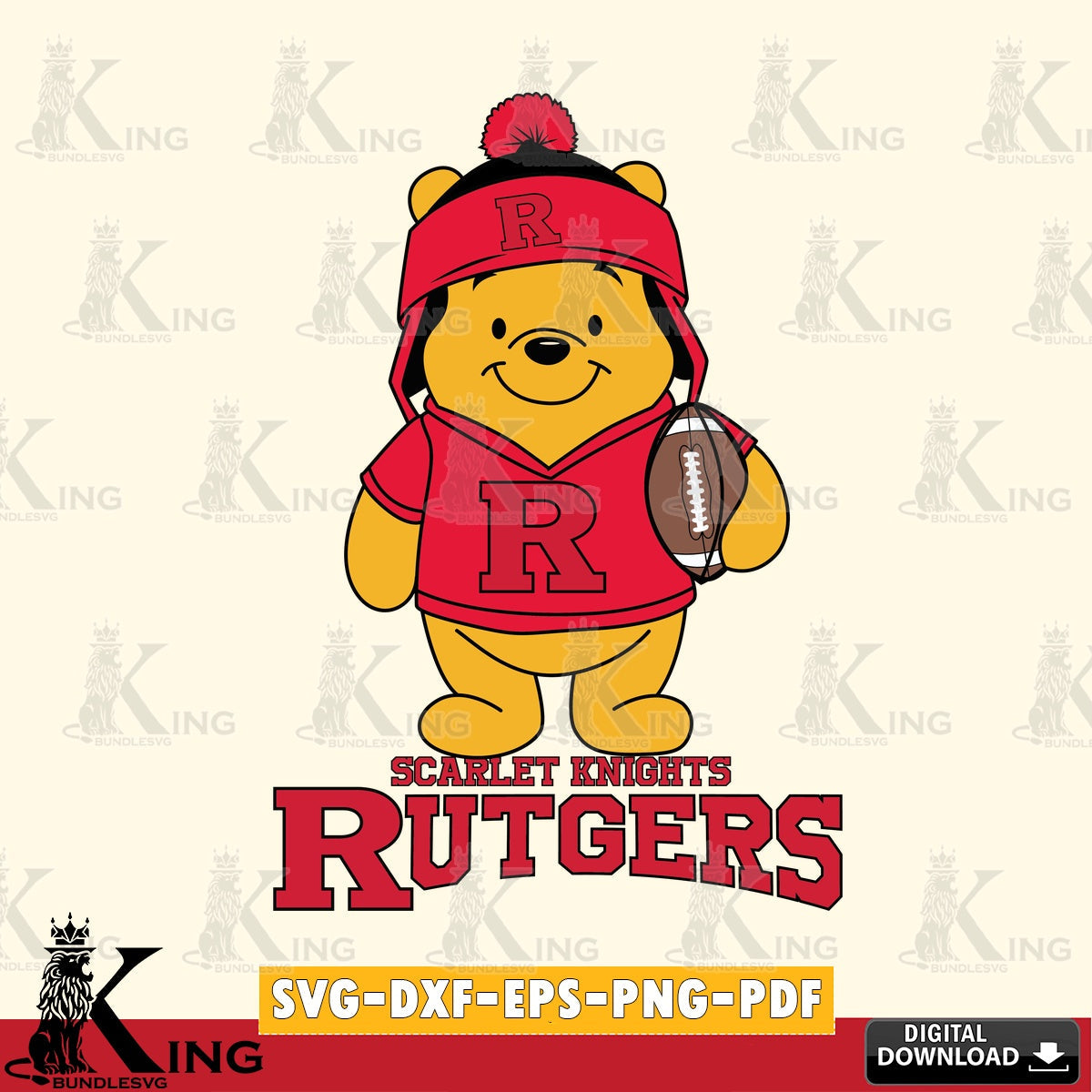 High-quality graphic of Rutgers Scarlet Knights Winnie the Pooh player football, digital clipart compatible with laser engraving