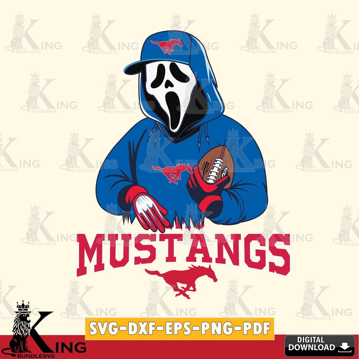 Hand-drawn style art of SMU Mustangs Ghostface Scream football player, printable vector design for sublimation and crafts