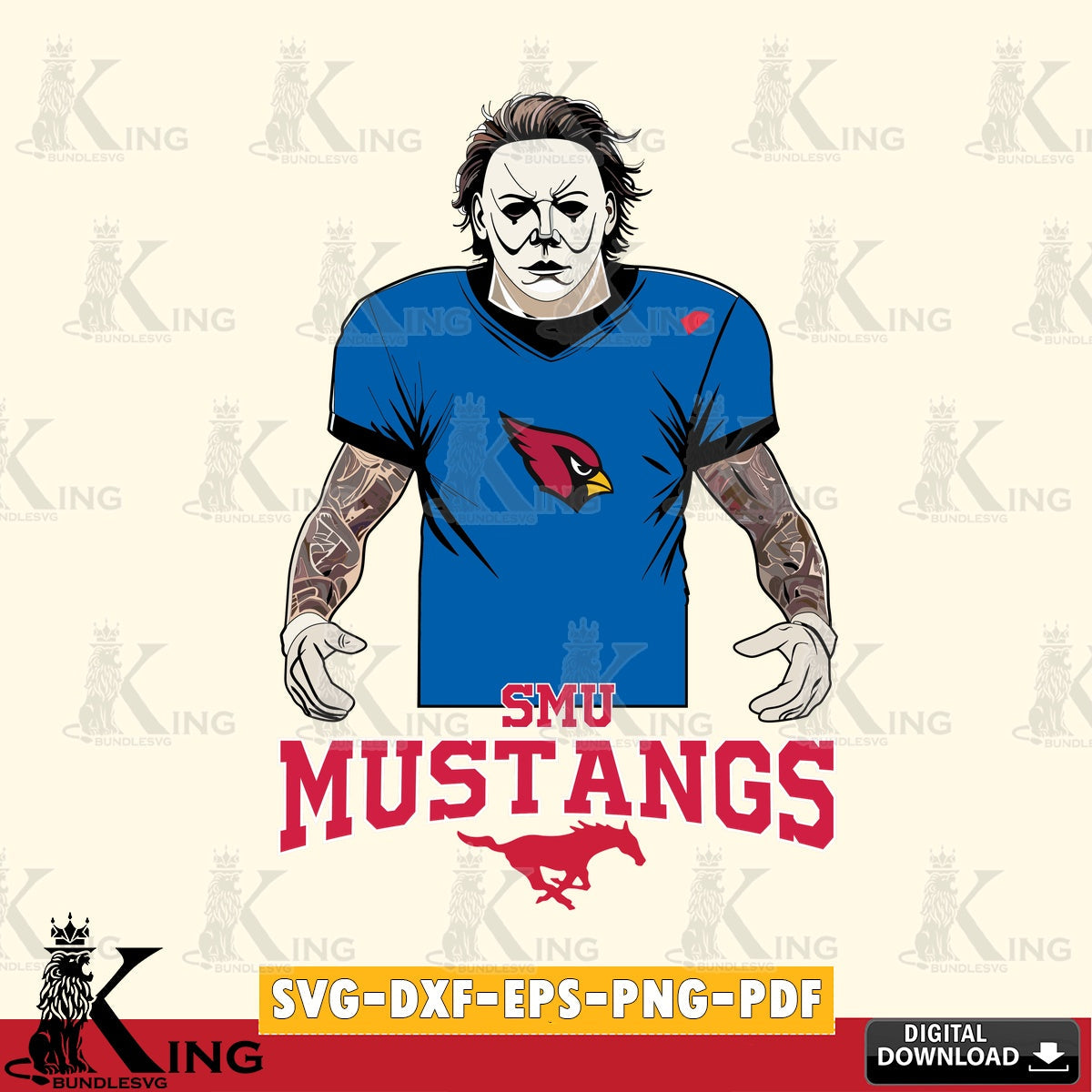 Creative design featuring SMU Mustangs Michael Myers tattoo football, high-quality vector for DIY scrapbooking and home decor