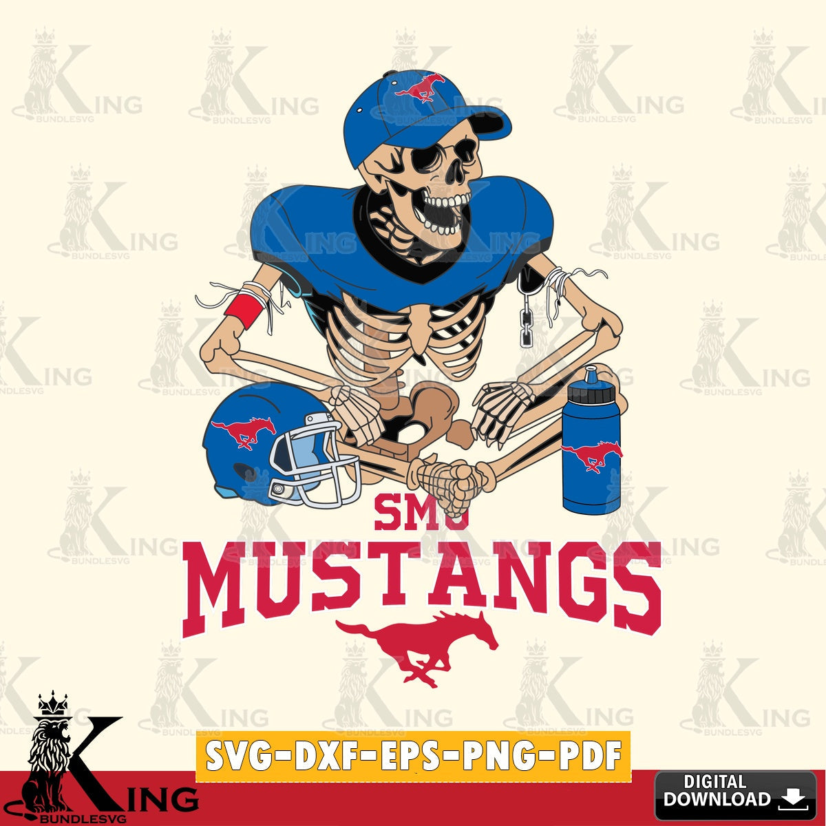 Modern graphic depicting an SMU Mustangs skeleton football player, a high-quality vector for DIY scrapbooking and home decor.