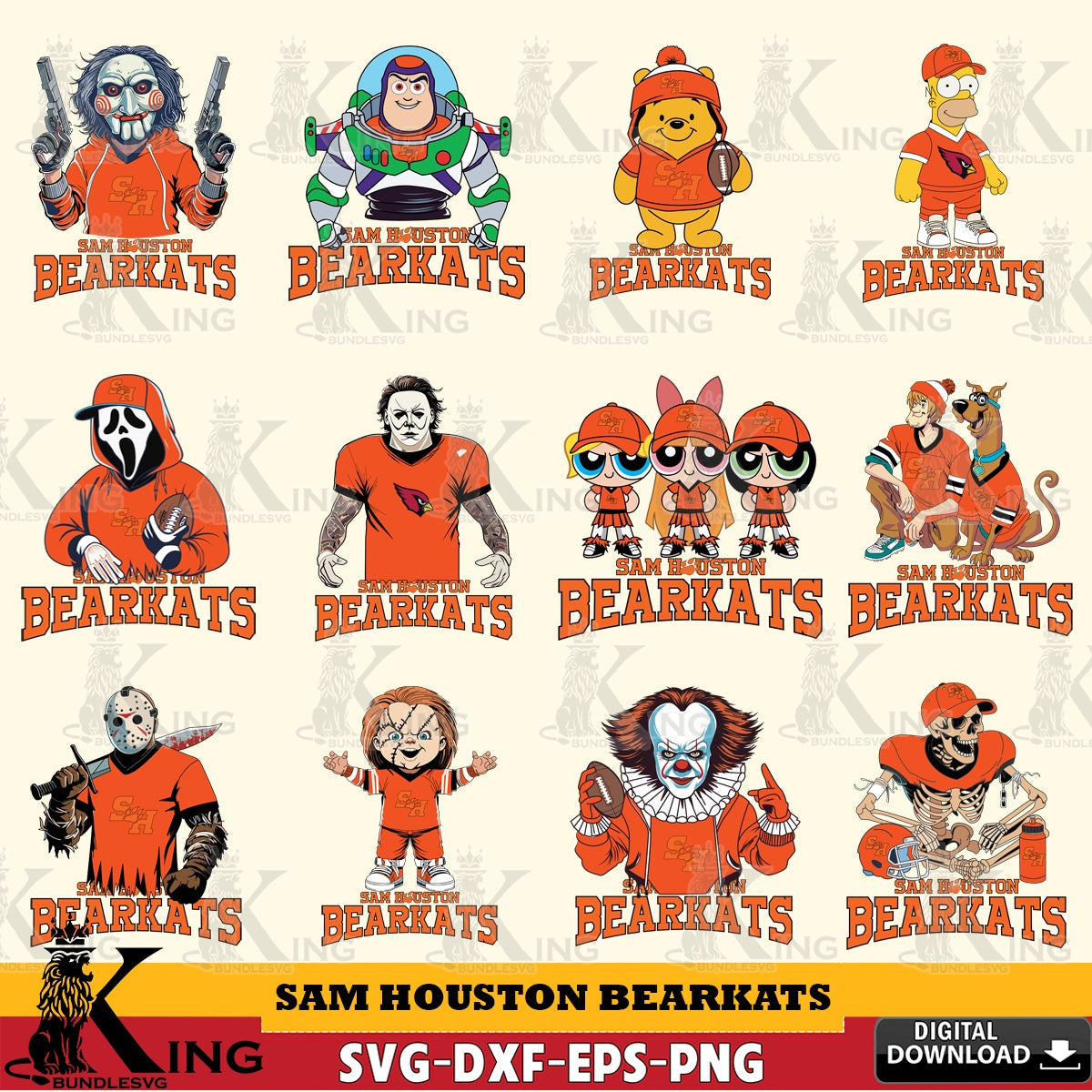 Mega bundle containing Sam Houston Bearkats cartoon football NCAA vector art for engraving, cutting, and printing.