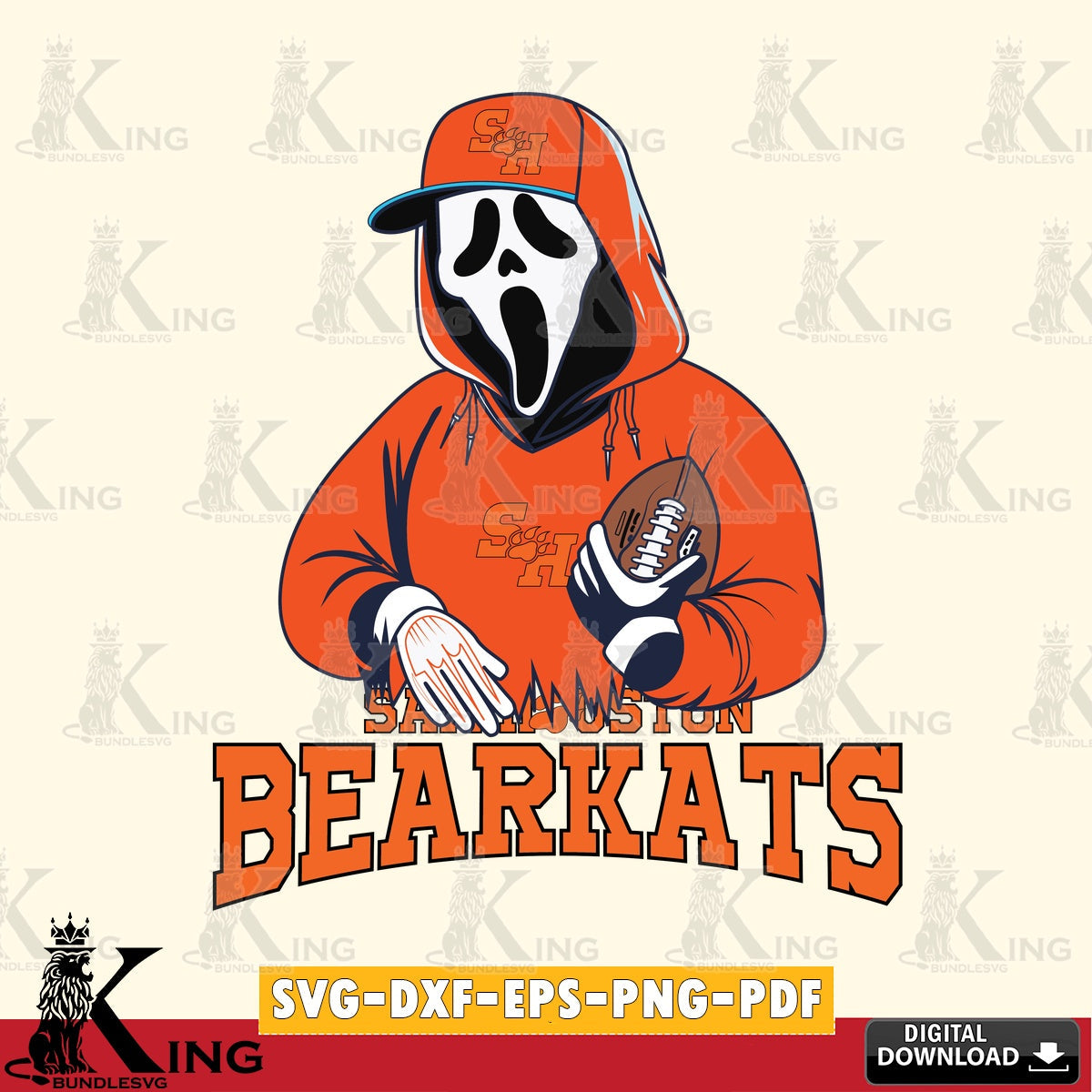 Vector design showing Sam Houston Bearkats Ghostface Scream football player, vector illustration for POD merchandise and apparel