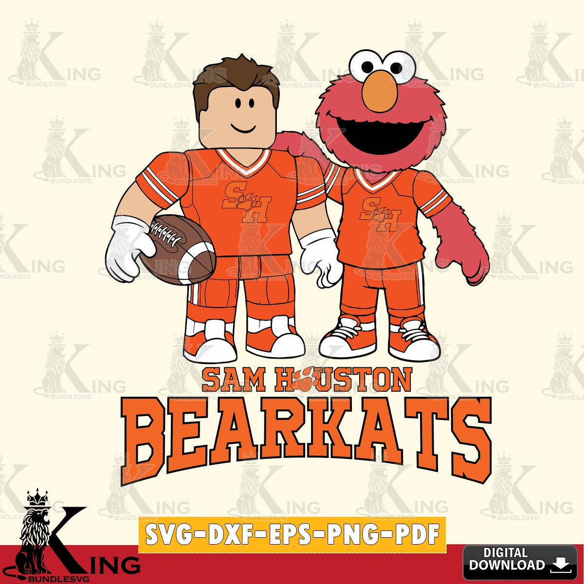 Unique artwork depicting Sam Houston Bearkats Roblox & Elmo Football, a digital download for Cricut Maker and paper crafts