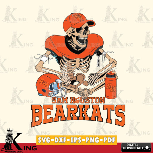 Unique artwork depicting a Sam Houston Bearkats skeleton football player, PNG clipart for sublimation printing and graphic design