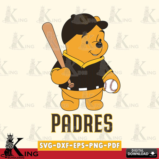 Hand-drawn style art of San Diego Padres Baseball Batter Winnie the Pooh, a digital file for silhouette cameo and cricut projects.