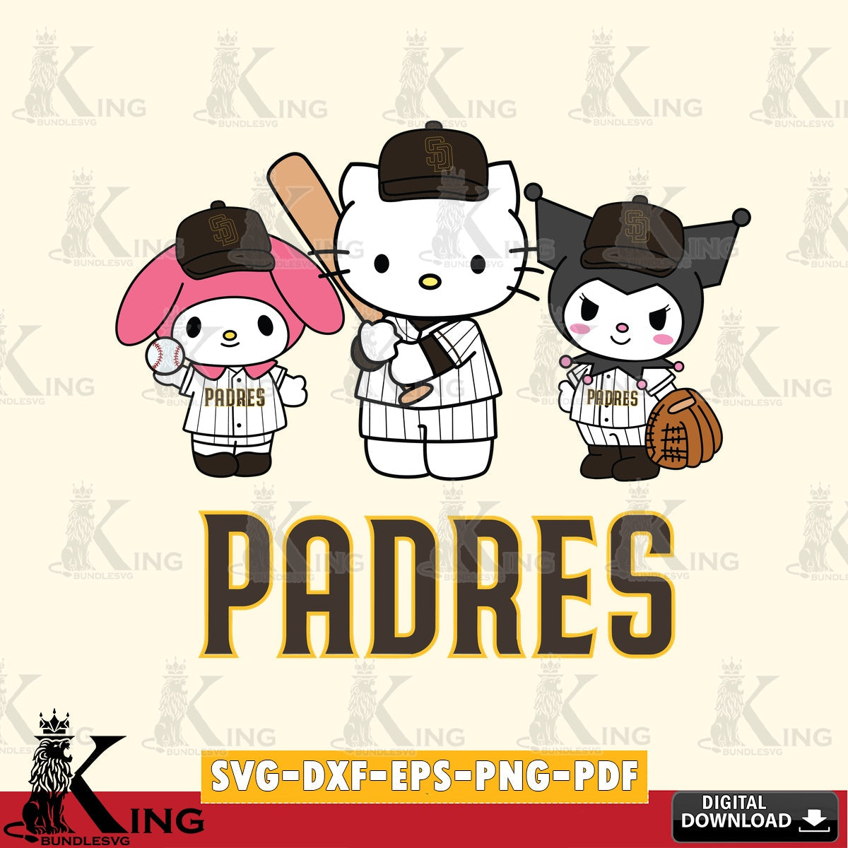 Digital clipart of San Diego Padres cute kawaii friends, printable vector design for sublimation and crafts