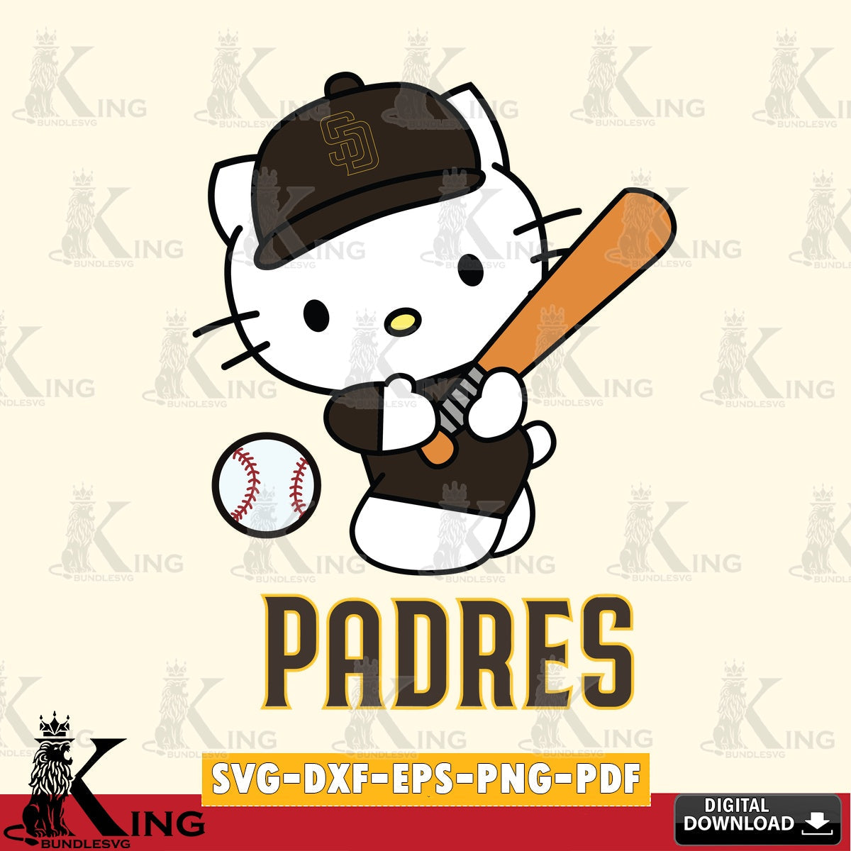 Complete bundle for San Diego Padres Hello Kitty playing baseball crafting file for iron-on transfer and vinyl decals