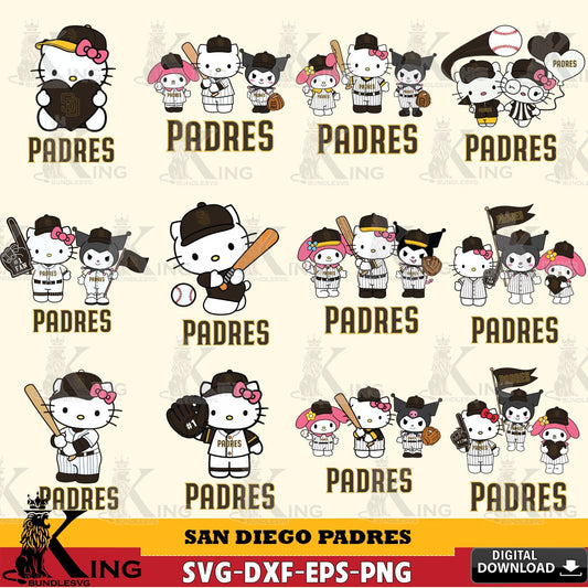 Jumbo collection of San Diego Padres Sanrio Squad Baseball MLB Bundle, crafting file for iron-on transfer and vinyl decals.