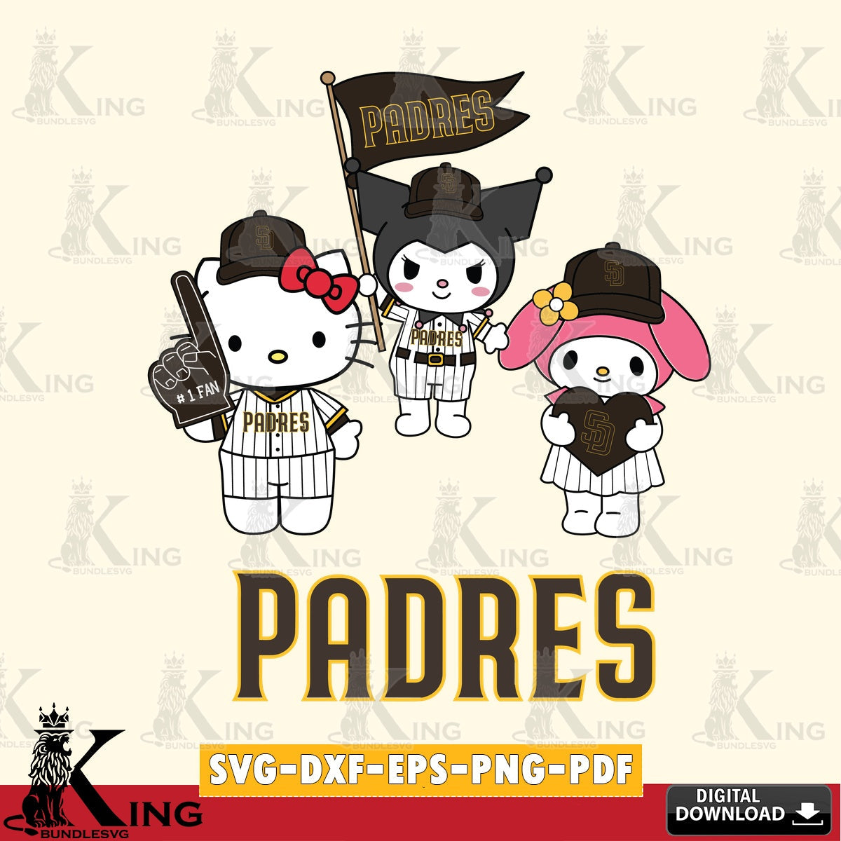 Digital clipart of San Diego Padres Sanrio Squad, cute, versatile clip art for stickers, decals, and mugs
