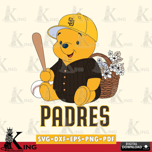 Artistic drawing of San Diego Padres Winnie the Pooh with flower baseball, crafting file for iron-on transfer and vinyl decals.