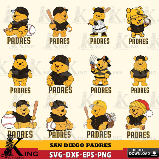 Comprehensive collection of San Diego Padres Winnie the Pooh MLB baseball bundle PNG clipart for sublimation printing and graphic