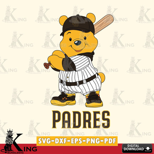Modern graphic depicting San Diego Padres Winnie the Pooh Player Baseball, versatile clip art for stickers, decals, and mugs
