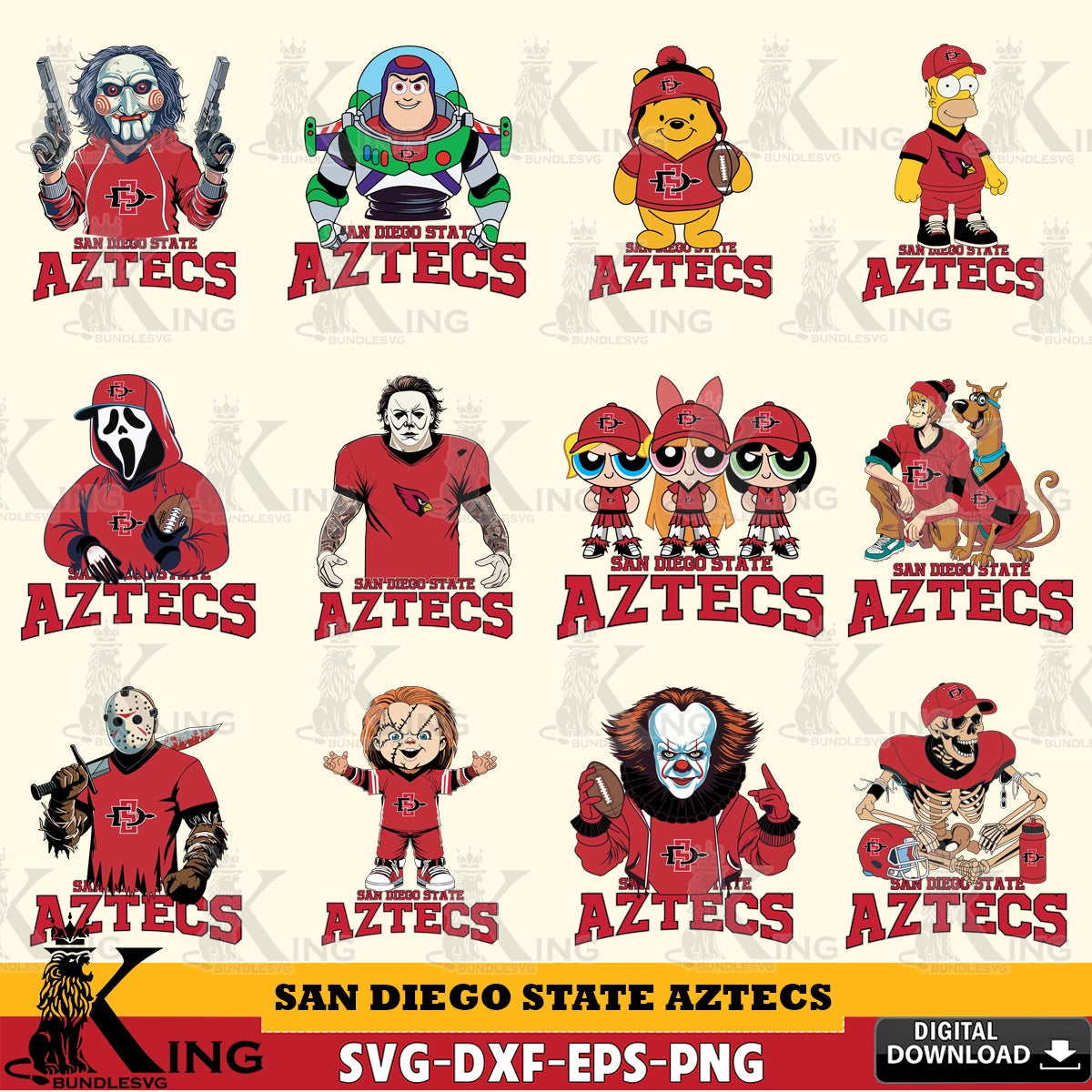 All-in-one bundle of San Diego State Aztecs cartoon football NCAA design, a digital download for Cricut Maker and paper crafts