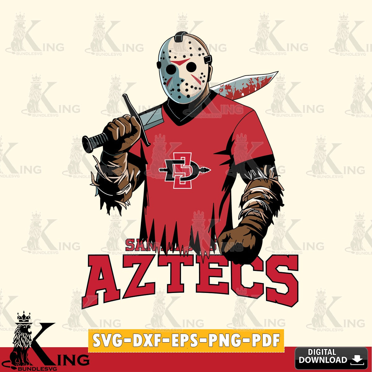 Hand-drawn style art of San Diego State Aztecs Jason Voorhees Football, digital download for Cricut Maker and paper crafts