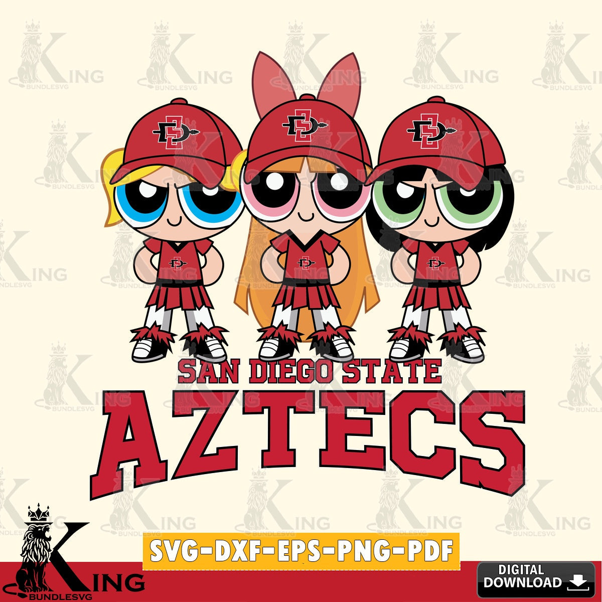 Digital clipart of San Diego State Aztecs PowerPuff Girls Football, digital file for silhouette cameo and cricut projects
