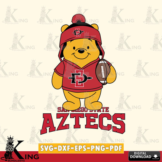Printable art of San Diego State Aztecs Winnie the Pooh football player, NCAA vector illustration for POD merchandise and apparel
