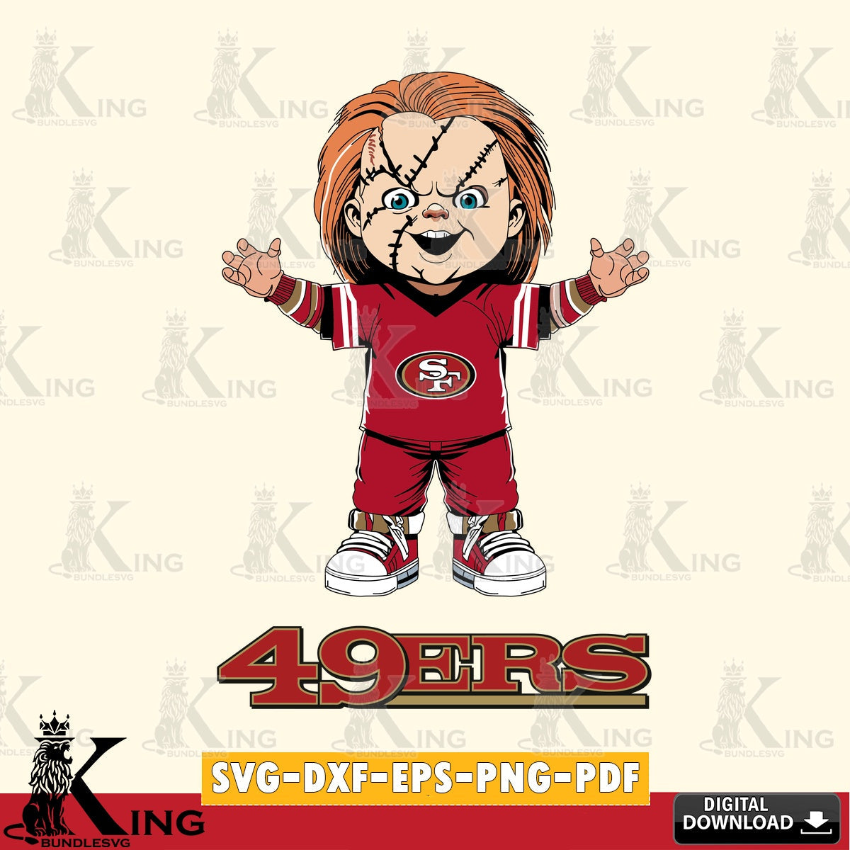 Artistic drawing of a San Francisco 49ers Chucky Football, NFL file cut, PNG clipart for sublimation printing and graphic design.