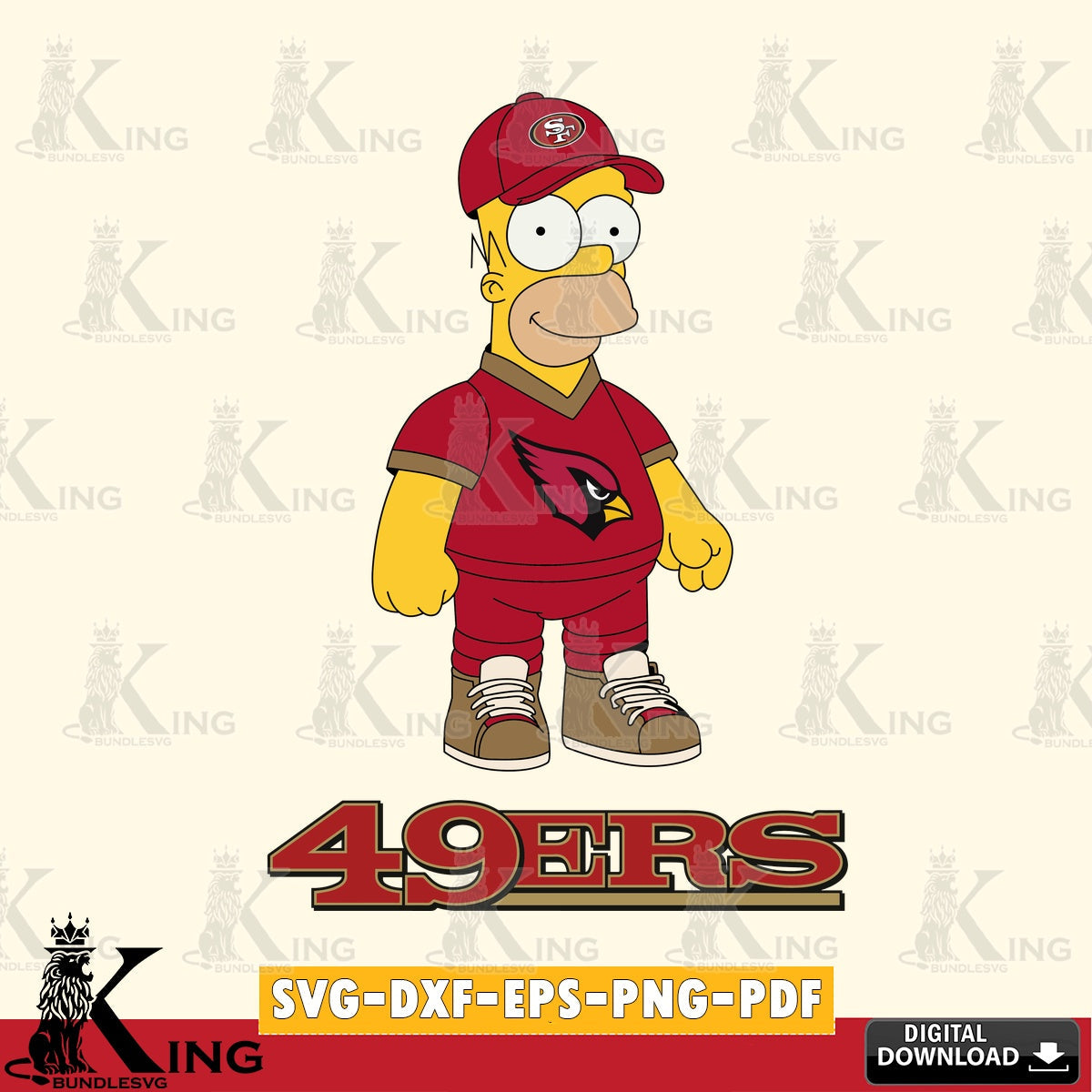 Hand-drawn style art of San Francisco 49ers Homer Simpson playing football, digital clipart compatible with laser engraving and