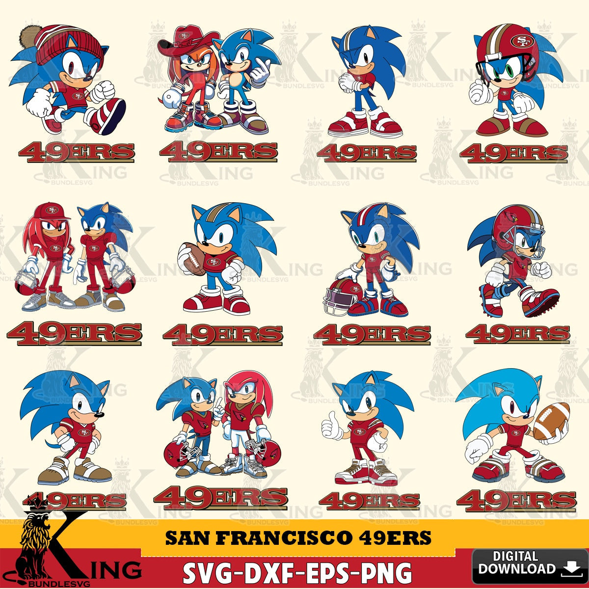 Exclusive set of San Francisco 49ers Sonic & Knuckles NFL Football Bundle SVG PNG design suitable for Glowforge and laser cutting