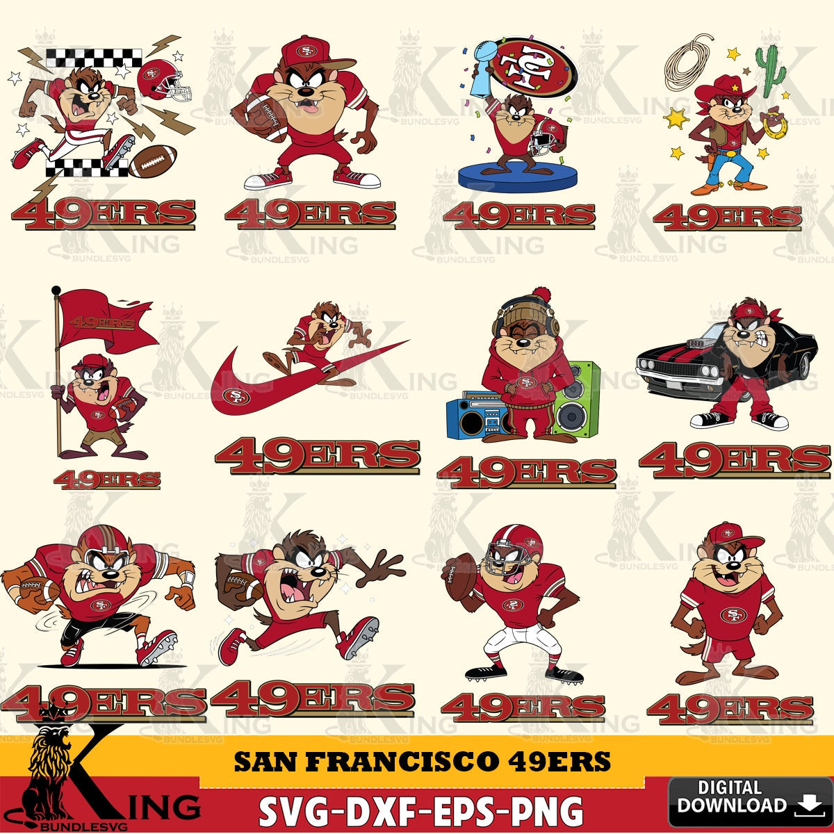 San Francisco 49ers Taz (Looney Tunes) Football NFL Bundle Cut file  , Digital Download , Instant Download, Looney Tunes svg, Football svg