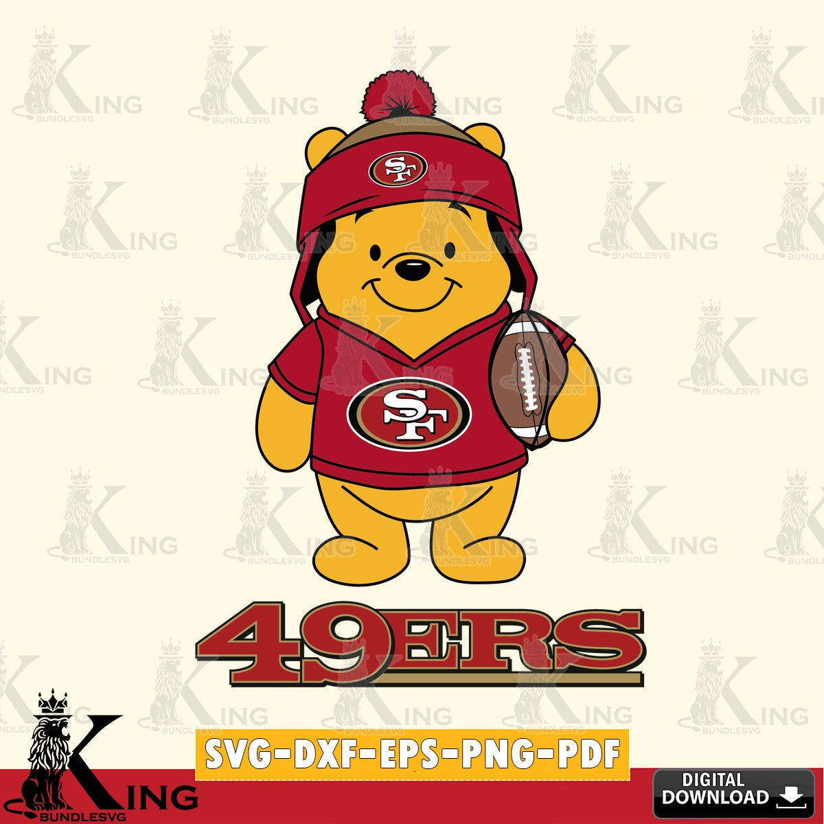 Artistic drawing of San Francisco 49ers Winnie the Pooh player football, digital file for silhouette cameo and cricut projects