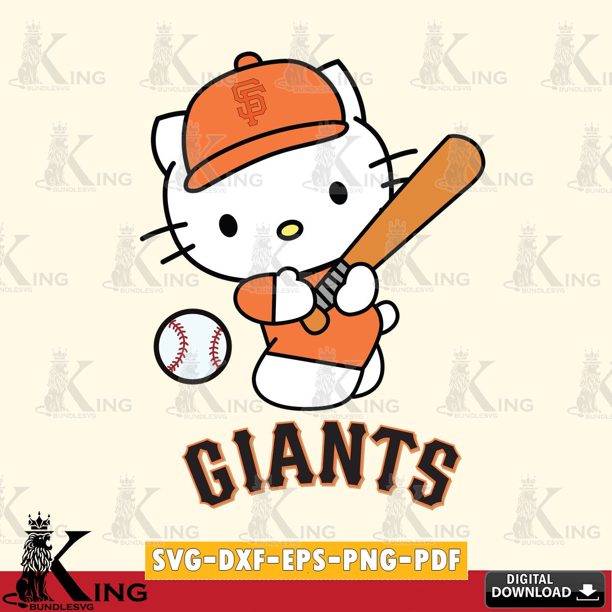 Giant set featuring San Francisco Giants Hello Kitty playing baseball, printable vector design for sublimation and crafts