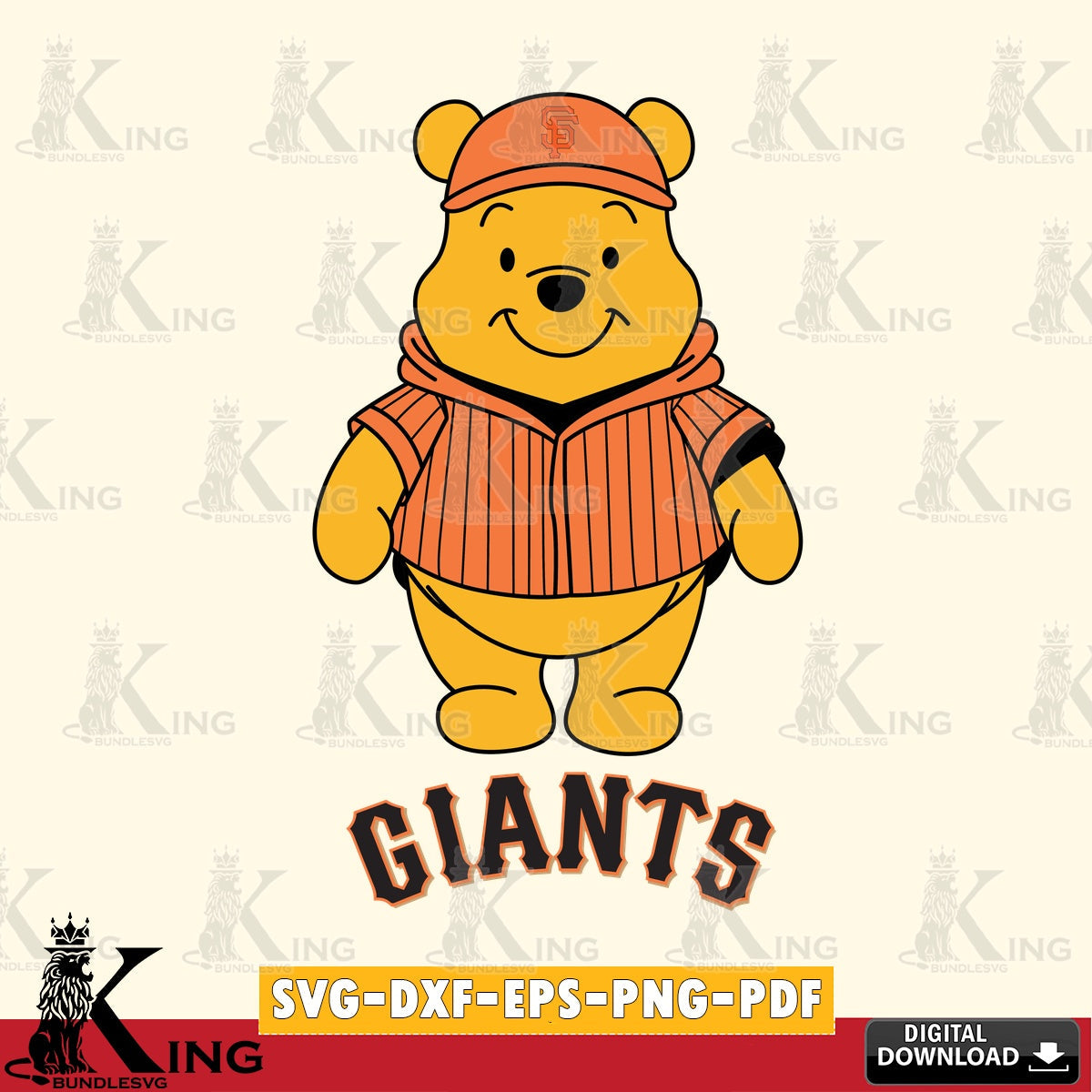 Modern graphic depicting San Francisco Giants Pooh Bear baseball mascot, printable vector design for sublimation and crafts